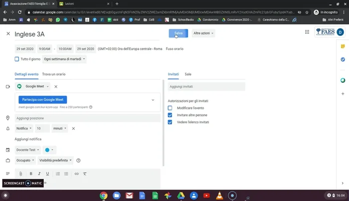 Salvare le modifiche, specificando se si vuole applicare la modifica a tutti gli eventi ricorrenti o solo a quello corrente.