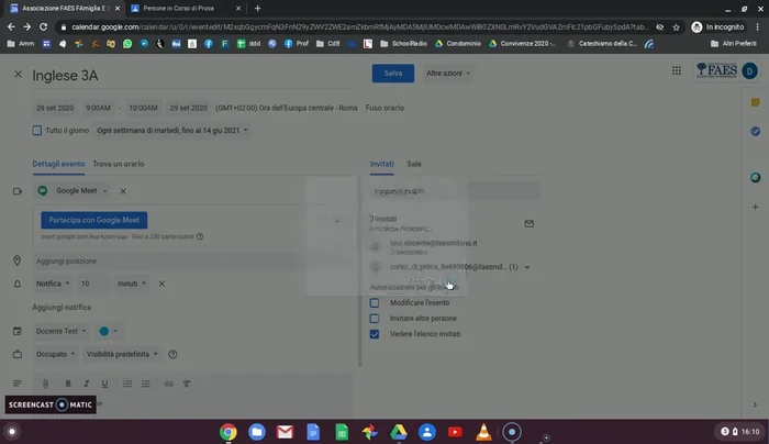 Salvare le modifiche e inviare gli inviti agli studenti.