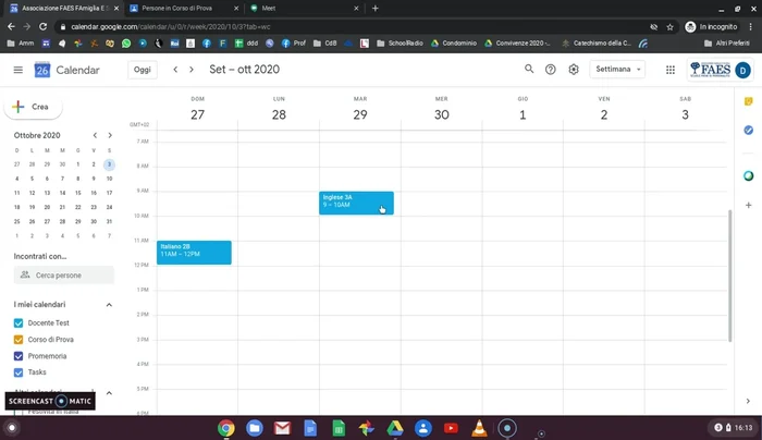Duplicare una lezione esistente cliccando sui tre puntini verticali, selezionando "Duplica" e modificando giorno/ora se necessario. Gli invitati e l'aula virtuale saranno copiati.