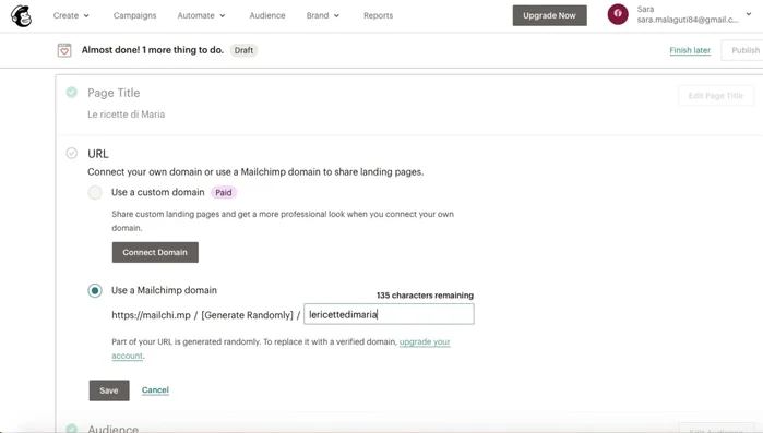 Personalizza l'URL della landing page per renderlo più chiaro e descrittivo (opzione a pagamento).