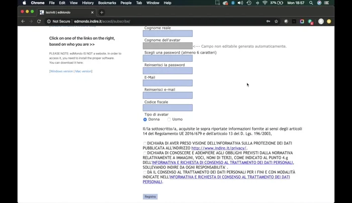 Inserire nome e cognome per l'avatar (il sistema li adatterà automaticamente, evitando spazi e caratteri speciali).