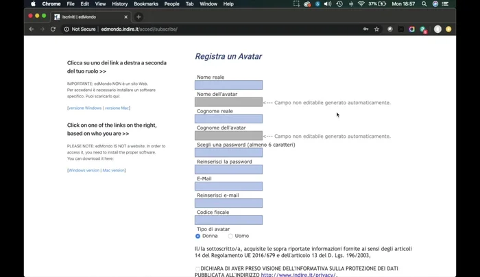 Inserire nome e cognome per l'avatar (il sistema li adatterà automaticamente, evitando spazi e caratteri speciali).