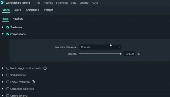 Accedere alle opzioni di "video composizione".