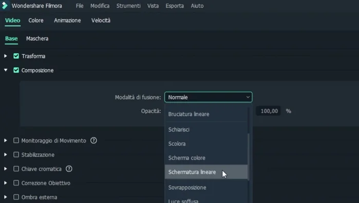 Scegliere il metodo di fusione "Schermatura lineare" o altri metodi, a seconda dell'effetto desiderato. Questo metodo rimuove il nero dello sfondo dell'effetto, fondendolo con il filmato.