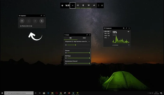 Utilizza gli strumenti nella barra di gioco per iniziare, interrompere e gestire la registrazione dello schermo e dell'audio.