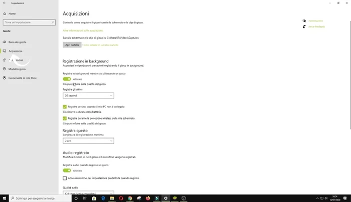 Scegli la qualità video (30fps o 60fps) e le impostazioni video.