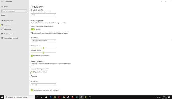 Scegli la qualità video (30fps o 60fps) e le impostazioni video.