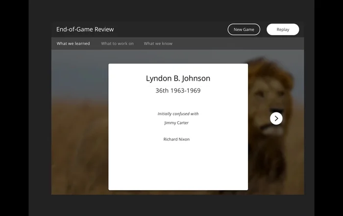 Alla fine del gioco, rivedi le tre schede di riepilogo: 'Cosa abbiamo imparato', 'Su cosa lavorare' e 'Cosa sappiamo'.