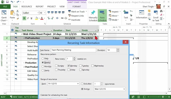 Definisci la data di fine: puoi impostare una data specifica o indicare il numero di occorrenze desiderate. Il video suggerisce di usare la data di fine del progetto come termine.