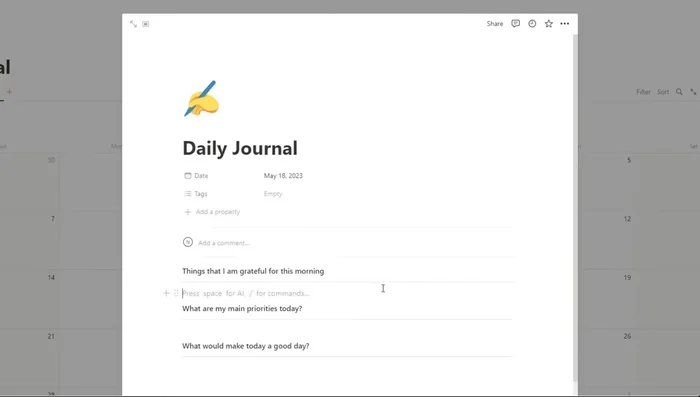 Alla fine della settimana, usa il pulsante "+" per aggiungere una nuova voce usando il modello "Riflessione Settimanale".