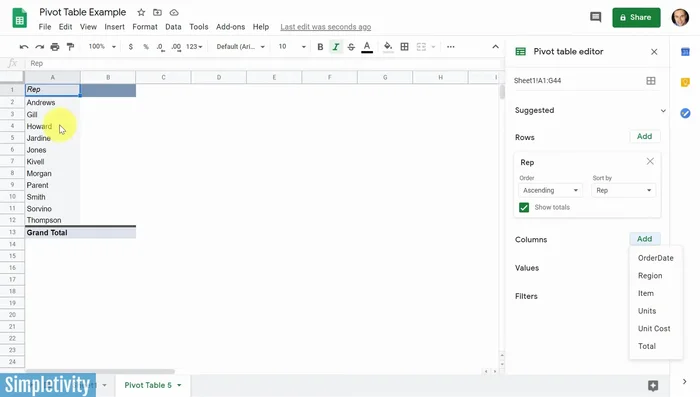 Aggiungere le colonne: selezionare le colonne che si desidera utilizzare per le colonne (es. 'Articoli').