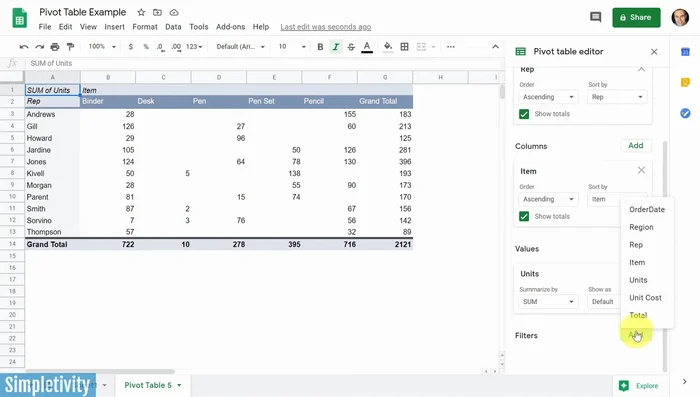 Aggiungere filtri (opzionale): selezionare colonne aggiuntive per filtrare i dati (es. 'Costo unitario'). Applicare i filtri desiderati.