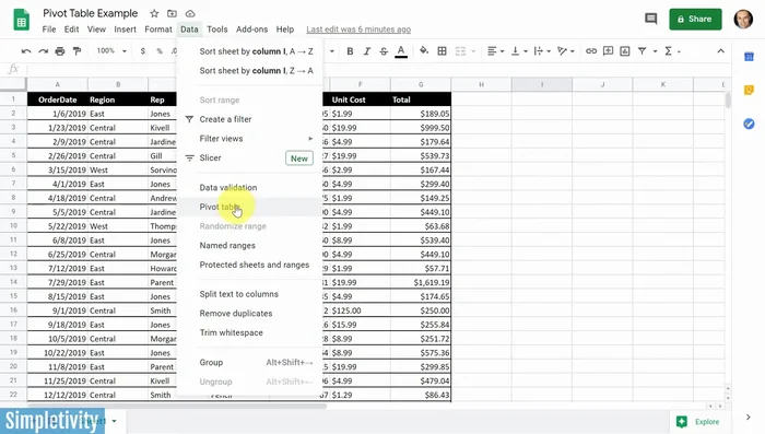 Selezionare l'intervallo di dati (includendo le intestazioni) per la tabella pivot.