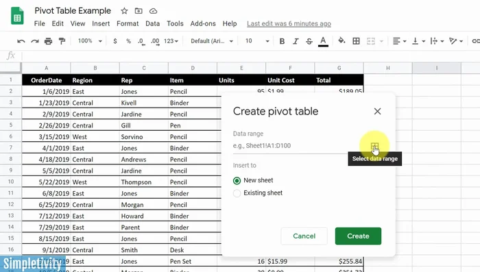 Selezionare l'intervallo di dati (includendo le intestazioni) per la tabella pivot.