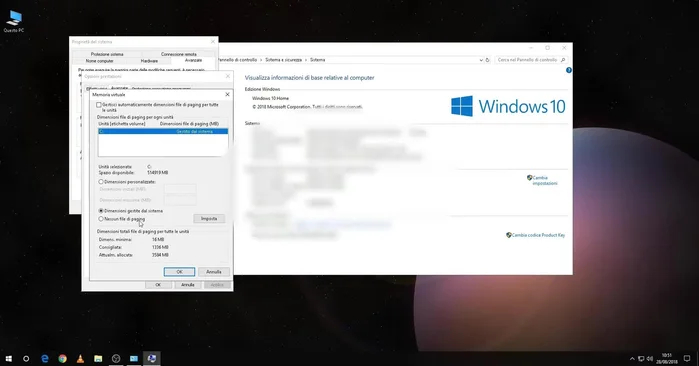 Selezionare l'unità di destinazione per il file di paging e impostare le dimensioni (o lasciare la gestione automatica al sistema).