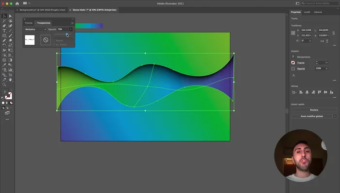 Modificare il metodo di fusione della forma (da Normale a Moltiplica o Schiarisci) e l'opacità per ottenere l'effetto desiderato.