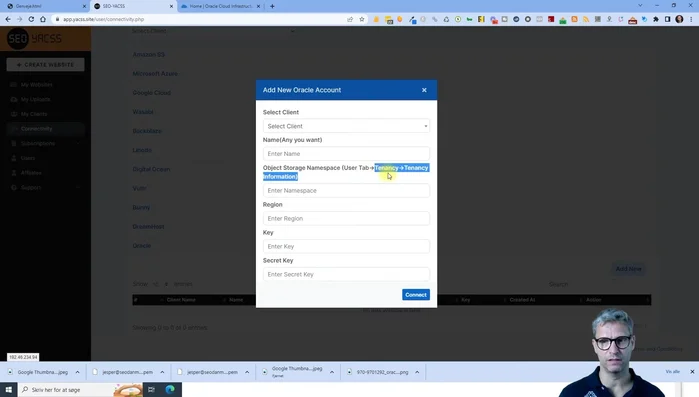 Generare la chiave segreta e la chiave di accesso: cliccare sul profilo -> il proprio profilo -> chiavi segrete del cliente -> Genera chiave segreta. Copiare entrambi i valori visualizzati.