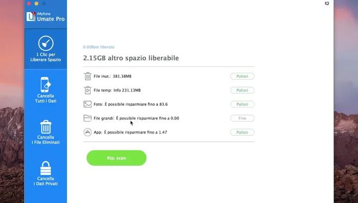 Avvia iMyFone Umate Pro e seleziona la modalità di cancellazione desiderata. Per liberare spazio, scegli la modalità di scansione e pulizia dei file inutilizzati (19.519). Per cancellazione permanente prima di vendere, seleziona la modalità di cancellazione completa dei dati (71.119).