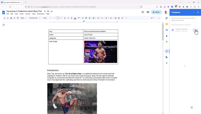 Verificare in Webflow: Cloudpace avrà impostato automaticamente i valori dei campi aggiuntivi, incluso il collegamento alle collezioni CMS corrette e il caricamento dell'immagine principale.