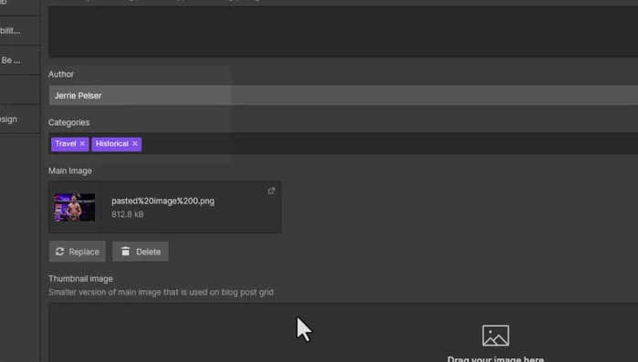 Verificare in Webflow: Cloudpace avrà impostato automaticamente i valori dei campi aggiuntivi, incluso il collegamento alle collezioni CMS corrette e il caricamento dell'immagine principale.