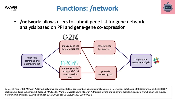 Descrizione della funzione di analisi di rete genica in Genebot: utilizzo del comando slash ('/network') per analizzare le interazioni proteina-proteina e la co-espressione genica, visualizzando i risultati in un grafico di rete.