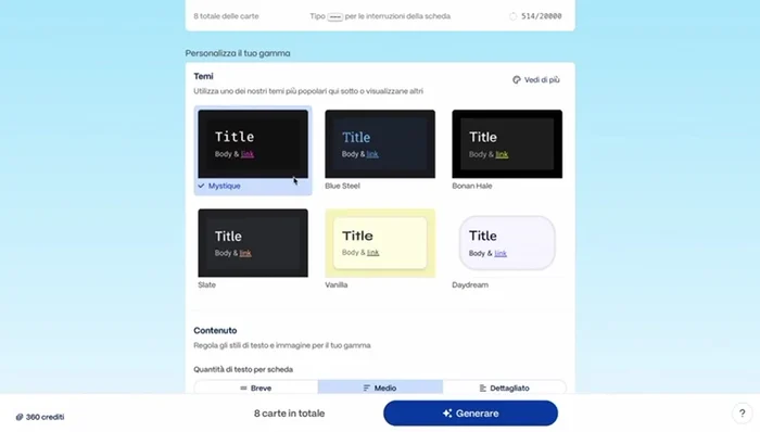 Scegli il tipo di immagini da includere (GIF animate, illustrazioni, immagini generate dall'IA, immagini dal web, foto stock, o selezione automatica).