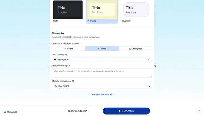 Scegli il tipo di immagini da includere (GIF animate, illustrazioni, immagini generate dall'IA, immagini dal web, foto stock, o selezione automatica).