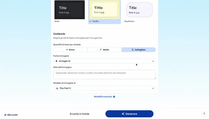 Scegli il tipo di immagini da includere (GIF animate, illustrazioni, immagini generate dall'IA, immagini dal web, foto stock, o selezione automatica).