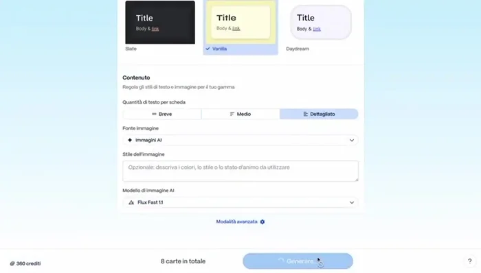 Clicca su 'Generate'. Gamma AI creerà la presentazione in pochi minuti.