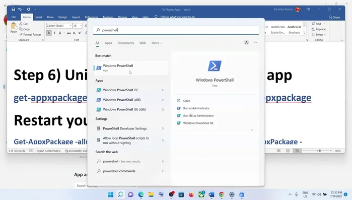 Cercare "powershell" nel menu Start, cliccare con il tasto destro su Windows PowerShell ed eseguire come amministratore. Incollare il comando fornito nella descrizione del video e premere Invio.