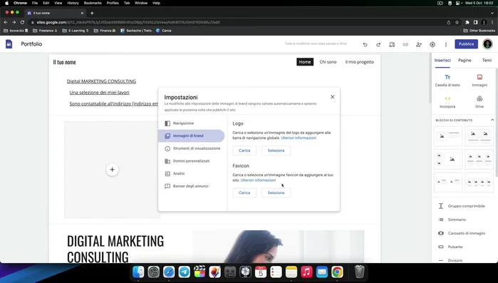 Pubblica il sito web: configura l'indirizzo web, la visibilità e le impostazioni per i motori di ricerca.
