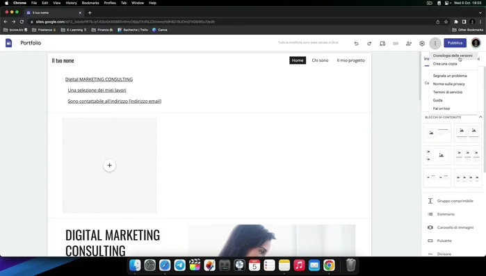 Pubblica il sito web: configura l'indirizzo web, la visibilità e le impostazioni per i motori di ricerca.