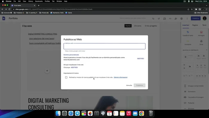 Pubblica il sito web: configura l'indirizzo web, la visibilità e le impostazioni per i motori di ricerca.