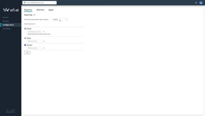 Imposta le opzioni di reporting (giornaliero, settimanale, mensile; via email o Microsoft Teams).