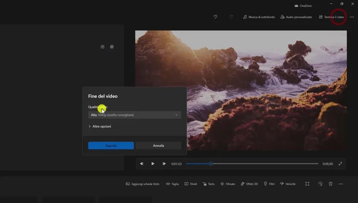 Esportare il video con il filtro applicato, scegliendo la qualità desiderata (es. 1080p).