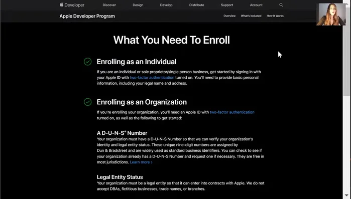 Crea un account sviluppatore Apple: vai su developer.apple.com, iscriviti, accedi con il tuo Apple ID, seleziona 'organizzazione aziendale', inserisci le informazioni legali (nome entità legale e numero DUNS, o richiedilo seguendo le istruzioni), rivedi e accetta gli accordi legali, effettua il pagamento dell'abbonamento.