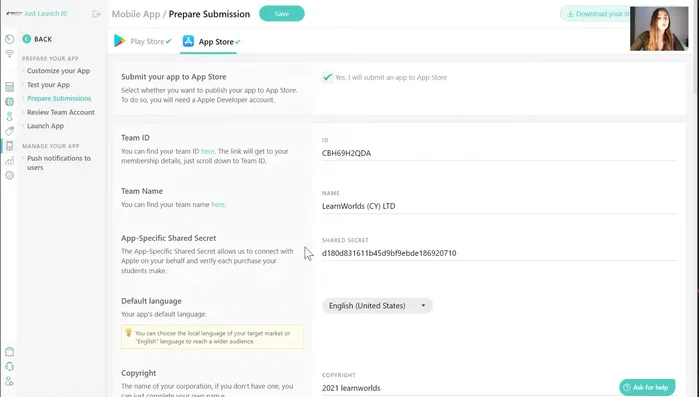 Inserisci le informazioni nell'interfaccia di amministrazione LearnWorlds: ID team sviluppatore Apple, nome del team, lingua di origine, informazioni sul copyright, categoria primaria e secondaria dell'app, traduzioni, nome, sottotitolo, link URL sulla privacy, descrizione completa dell'app, parole chiave, URL di supporto e marketing, testo promozionale.