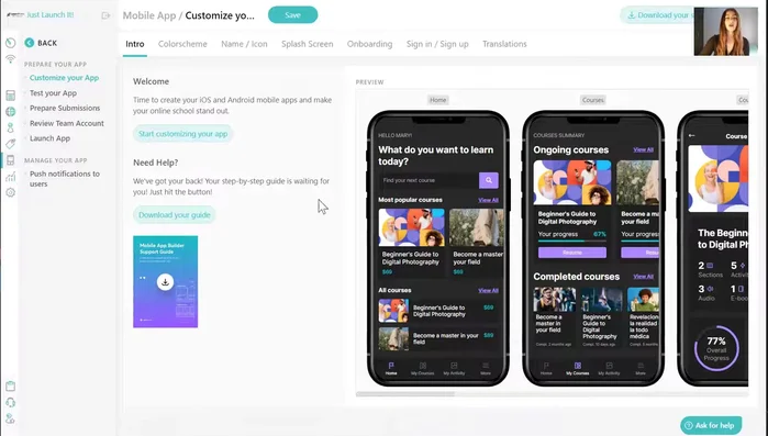 Personalizza la tua app: aggiungi colori, nome, icona, schermata iniziale, diapositive di onboarding, logo di accesso e traduci il testo.