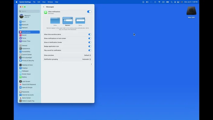 Imposta il raggruppamento delle notifiche nel Centro Notifiche: Automatico (per app o account), Per applicazione, o Nessuno.