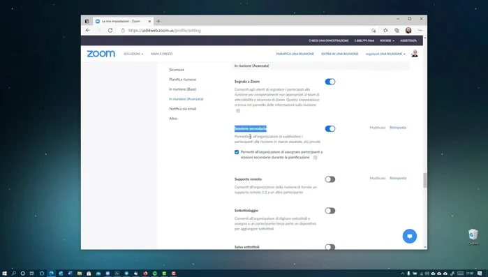 Attivare l'opzione "Sessioni secondarie" (precedentemente "Breakout Room").