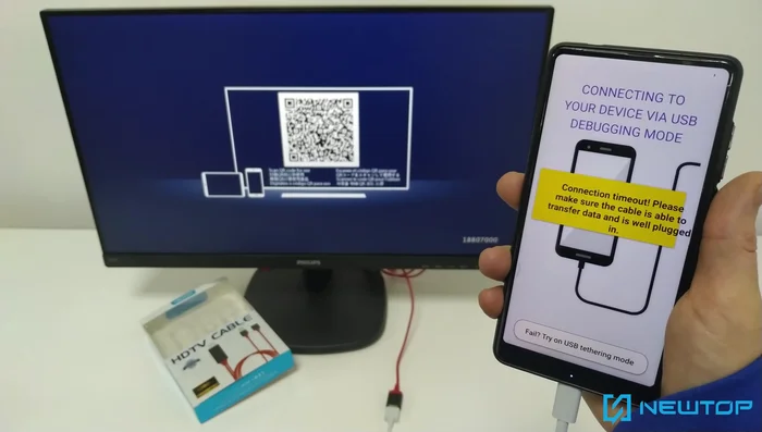 Attendere che il display dello smartphone venga visualizzato sul monitor. Se necessario, attivare la modalità "Tethering USB" nell'app EZCast.