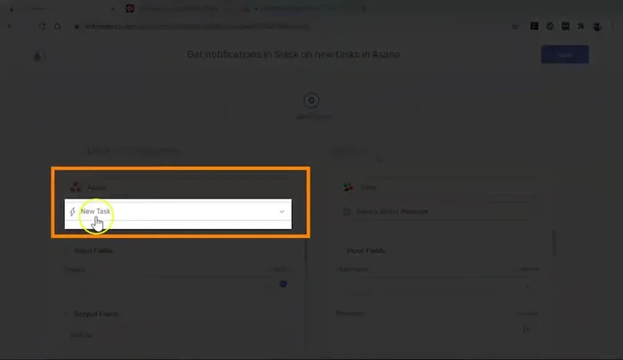 Seleziona Asana come app trigger (l'app che avvia l'automazione). Scegli il trigger desiderato: "nuova attività", "attività completata" o "nuovo commento".