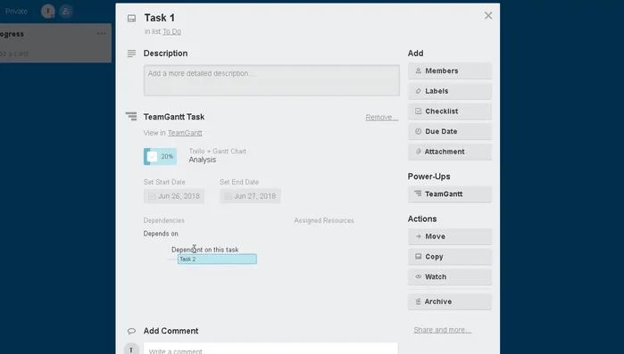 Aggiorna la percentuale di completamento delle attività in TeamGantt. Le modifiche si riflettono in Trello.
