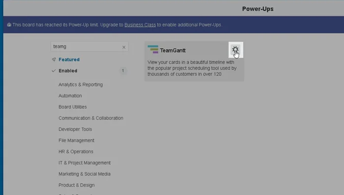 Clicca su 'Modifica impostazioni Power-up', poi sul pulsante per collegare il tuo account TeamGantt.