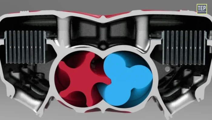 Descrizione del compressore a doppia vite: funzionamento, vantaggi (più efficiente del Roots, maggiore quantità di aria spostata) e svantaggi (necessità di capacità dal motore stesso).