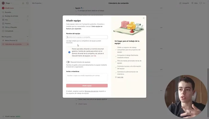 Creazione di team: Crea spazi di lavoro collaborativi per progetti di squadra, invitando altri membri e assegnando livelli di accesso.