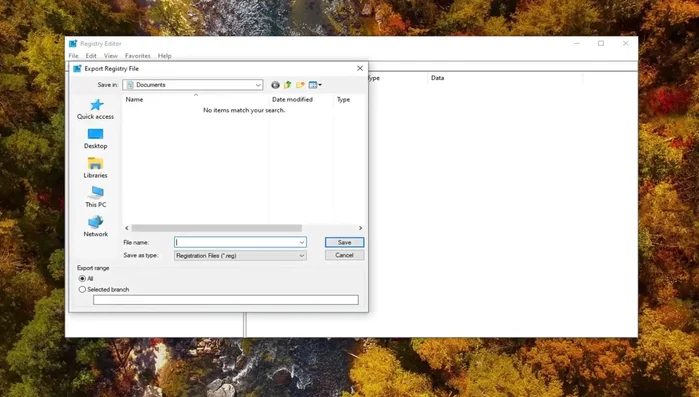 Creare un backup del Registro di sistema. Vai su File > Esporta, seleziona "Tutto" e salva il file con un nome che indica la data.