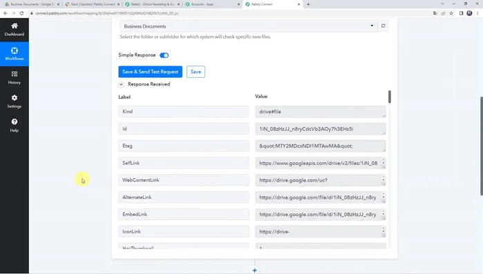 Test e Salvataggio: Fai clic su "Salva e invia richiesta di prova" per entrambi i passaggi (Google Drive e Slack). Controlla che il file sia stato correttamente condiviso su Slack. Salva il flusso di lavoro.