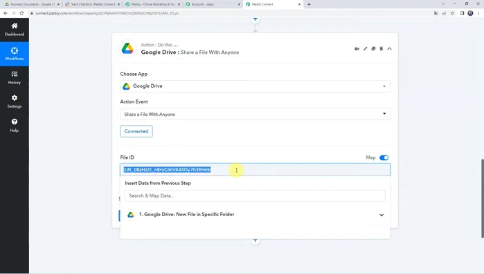 Aggiungi l'azione Slack: Aggiungi un nuovo passaggio d'azione, selezionando "Slack" come applicazione e "Invia messaggio diretto senza immagine" come evento. Connettiti al tuo account Slack (scegliendo il tipo di token utente o bot). Autorizza l'accesso a Slack. Configura il messaggio (testo e link del file condiviso da Google Drive) e specifica l'utente o il canale Slack a cui inviare il messaggio.