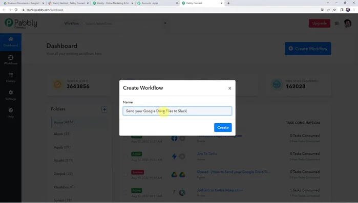 Crea un nuovo flusso di lavoro: Nella dashboard di Public Connect, clicca sul segno "+" e seleziona "Crea flusso di lavoro". Assegna un nome al flusso di lavoro (es. "Invia file Google Drive a Slack") e clicca su "Crea"